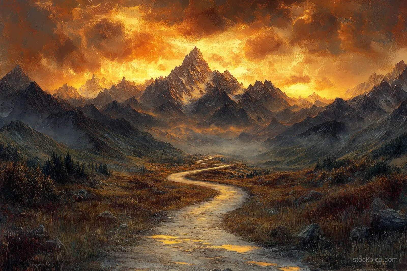 A winding mountain road in Tenerife Natural Park curves through volcanic peaks under golden sunset clouds.