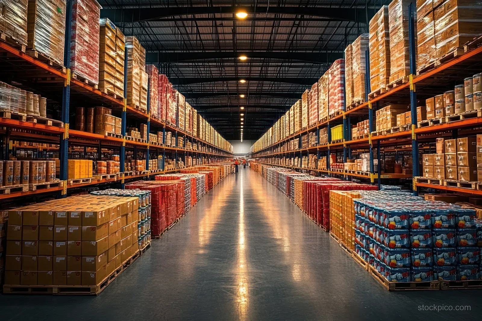Long warehouse aisle with tall shelves of stacked cardboard boxes and packaged goods beneath bright industrial lights.