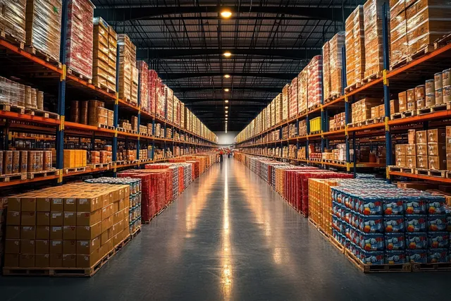 Long warehouse aisle with tall shelves of stacked cardboard boxes and packaged goods beneath bright industrial lights.