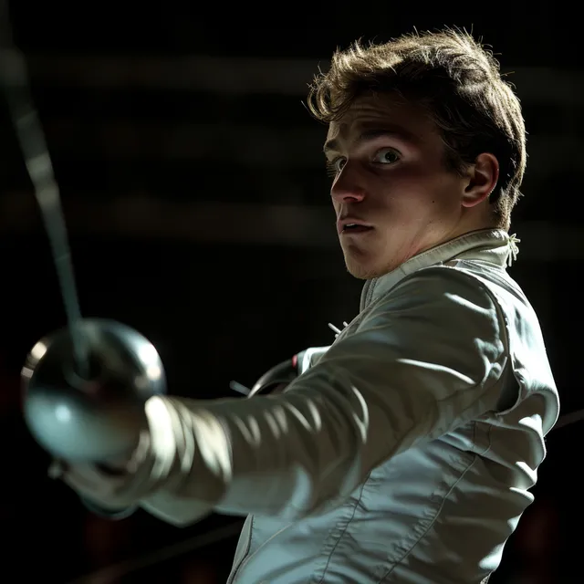 Russian sabre fencer lunging forward, blade extended, intense focus under arena lights