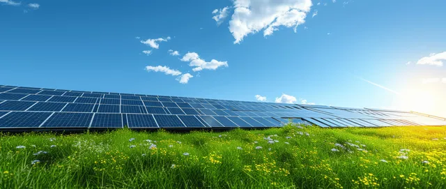 Sunlit photovoltaic panels stretch across a solar farm with green grass in the foreground under a blue sky.
