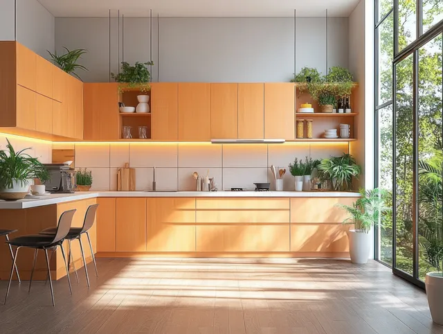 Minimal kitchen with pastel orange cabinets, warm under-shelf lighting, potted plants, and sunlight through large windows.