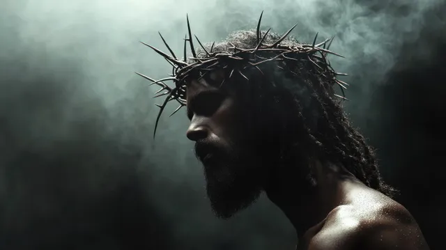 A side profile portrait of Jesus wearing a crown of thorns against a dark misty background.