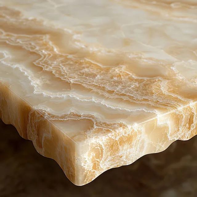 Polished beige onyx slab close-up with creamy layered bands and a smooth corner edge.