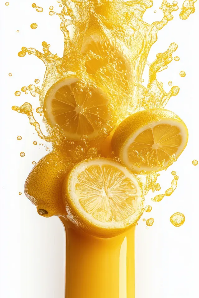 Golden lemon juice splash with floating citrus slices against a clean white backdrop