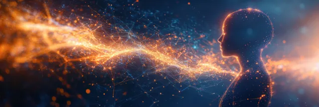 Glowing abstract head silhouette with orange particle network threads drifting across a dark blue background.