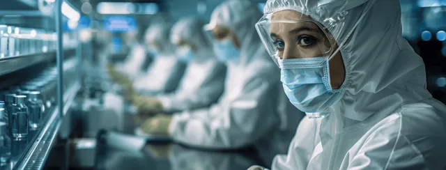 Researchers in protective suits operate biopharmaceutical lab machines inside a sterile facility.
