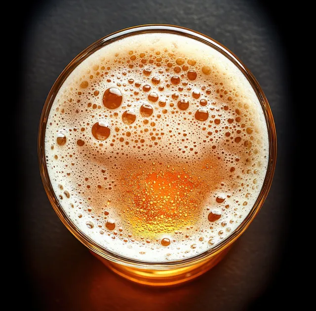 Top view of amber beer with frothy white bubbles in a glass on a dark surface.
