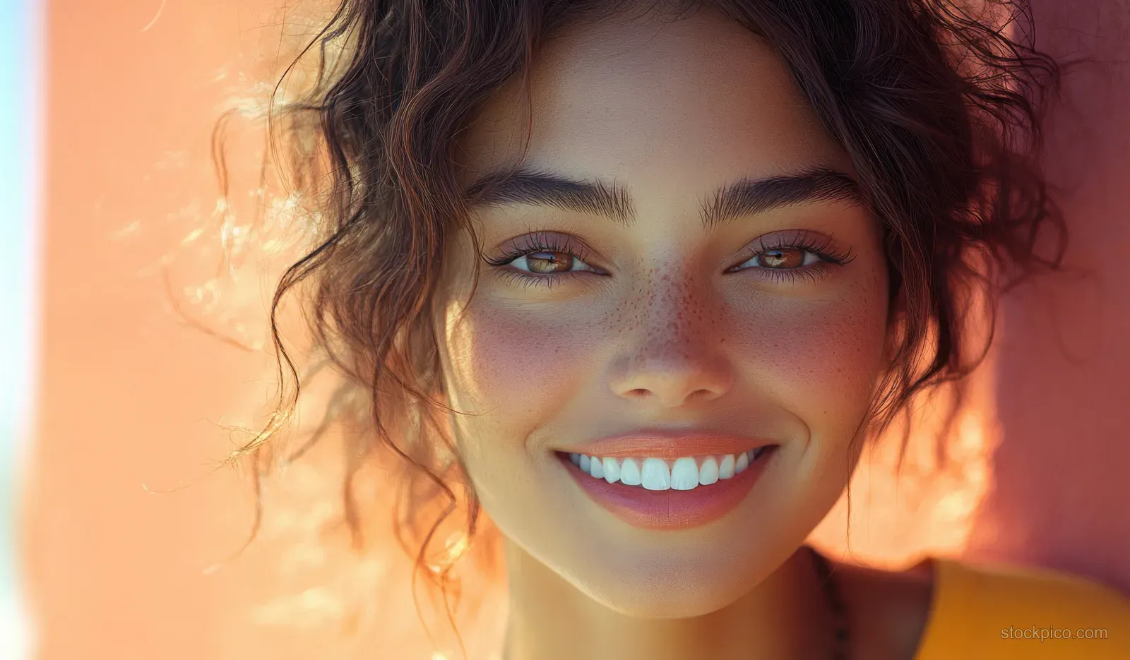 A smiling woman with curly hair laughs in soft pink light showing a radiant skincare glow.