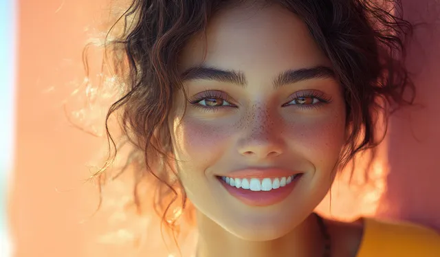 A smiling woman with curly hair laughs in soft pink light showing a radiant skincare glow.