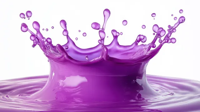 Purple liquid splash crown rises with droplets suspended above a glossy smooth surface.
