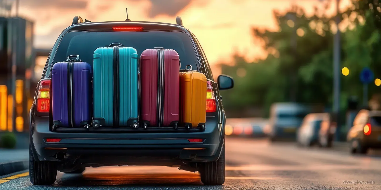 A black car parked on a city street has four colorful suitcases strapped on its trunk during sunset.