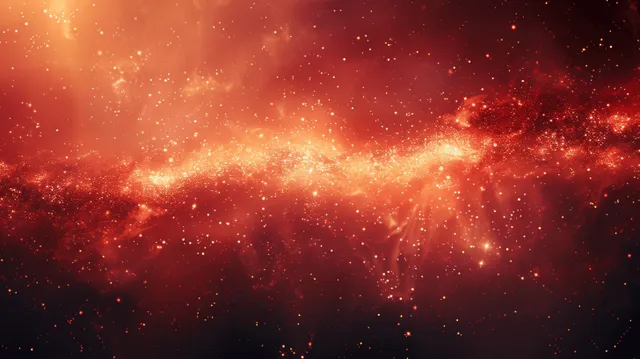 Burgundy and red-gold cosmic nebula background with glowing liquid swirls and fine golden sparkles.