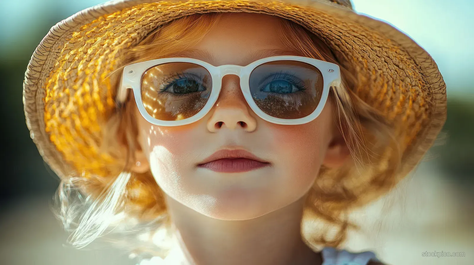 Young child wearing a straw hat and white sunglasses in bright summer sunlight with a calm expression.
