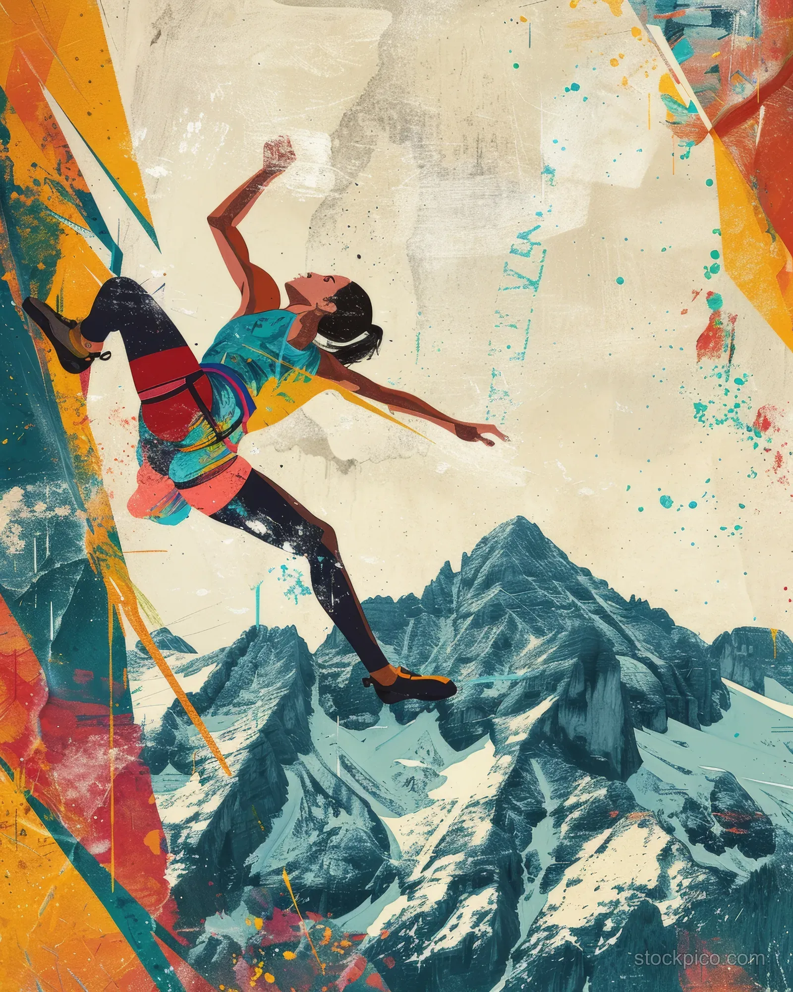A female sport climber reaches upward on a rock wall with alpine mountains behind her.
