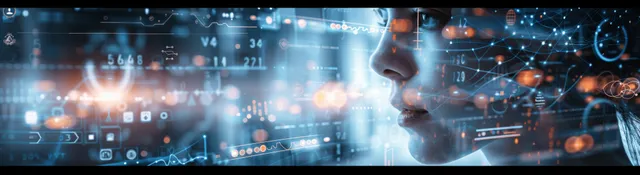 Glowing AI medical interface overlays a person’s face with real-time data streams and floating network symbols.