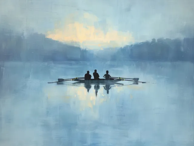 A women’s quadruple scull team rows in unison on calm water with clear reflections under sunrise light.