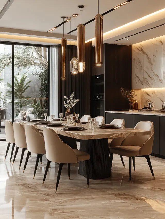 Modern dining table set with beige chairs, pendant lights, marble floor, and large windows showing a garden patio.
