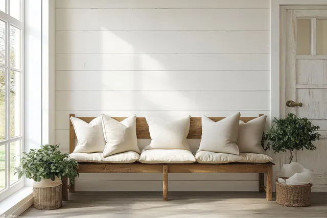 A rustic wooden bench with linen cushions sits in a bright Scandinavian entryway beside a large window.