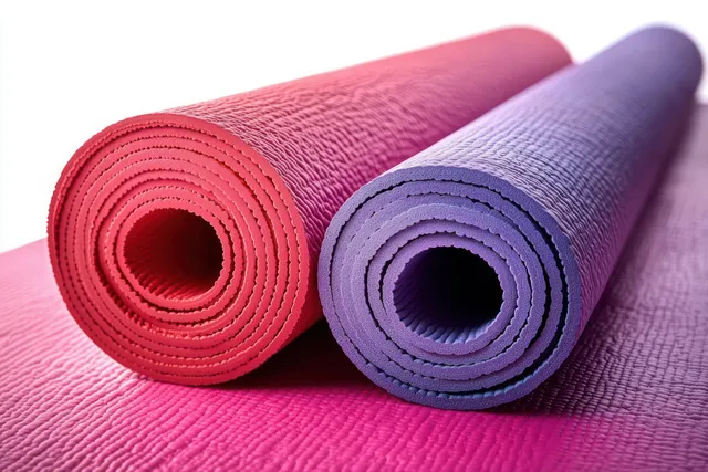 Pink and purple rolled yoga mats lie on a textured surface with visible mat texture.