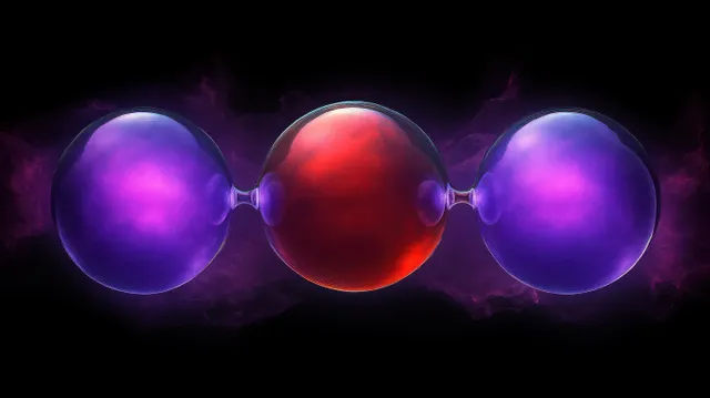 Three linked glossy purple and red spheres glowing in the dark smoky background with vapor lighting.