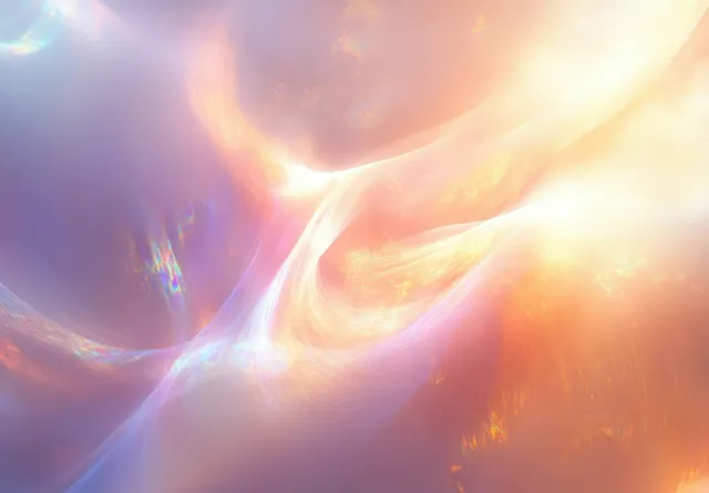 Prismatic rainbow light swirls across a glowing abstract background with Iridescent Texture