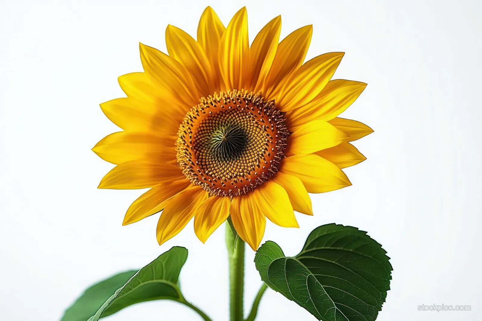 A bright yellow sunflower with green leaves isolated on a white background.