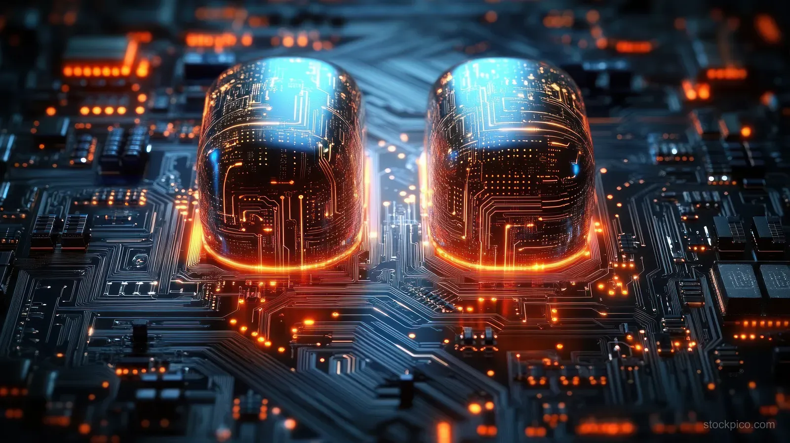 Two glowing processor cores embedded in a complex digital circuit board with orange data lines.