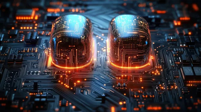 Futuristic AI processor cores with glowing neural circuit patterns inside a server-like motherboard