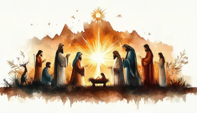 Watercolor nativity illustration with silhouetted figures facing a bright glowing star over Bethlehem at night.