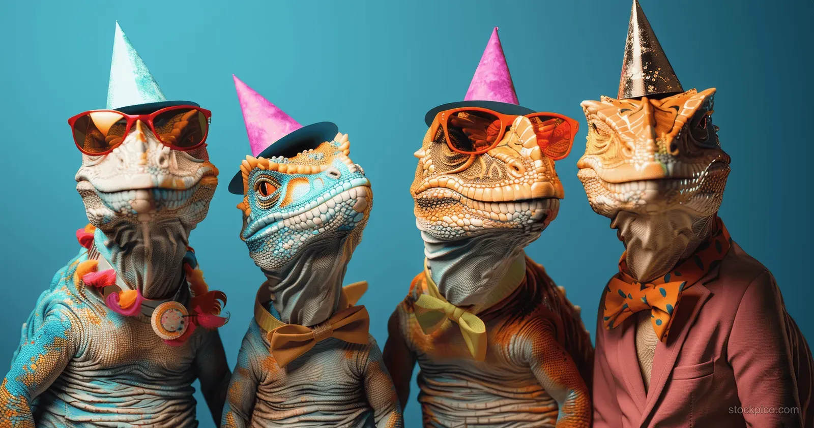 A colorful group of party lizards in sunglasses, hats, and bow ties poses against a bright blue background.