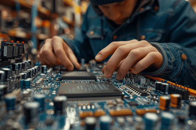 Technician hands solder a laptop motherboard circuit while other components sit on the repair workbench.