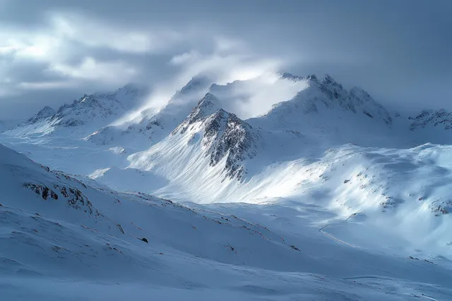 Snow-covered mountain peaks with rugged ridgelines partly hidden by drifting clouds under a moody winter sky.