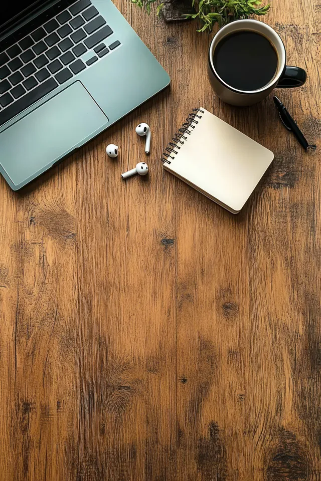 Minimalist wooden desk with a laptop, wireless earbuds, blank spiral notebook, black pen, coffee mug, and small green plant.