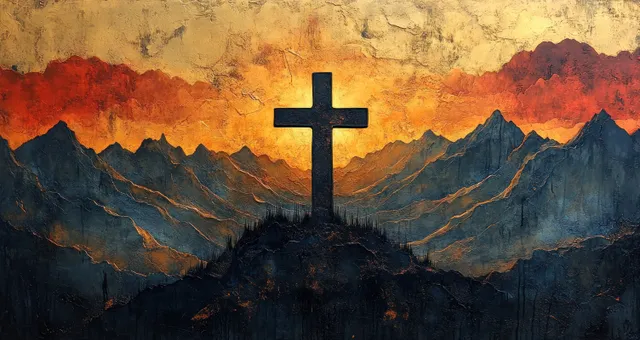 Cross silhouette against dramatic sunset over mountain peaks symbolizing Christian hope
