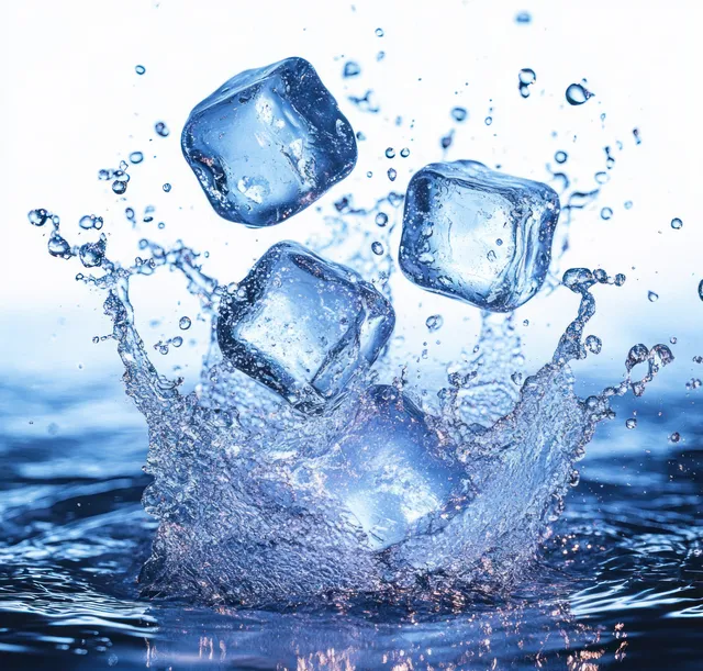 Ice cubes splash upward in blue water, scattering droplets under strong backlighting and reflections.