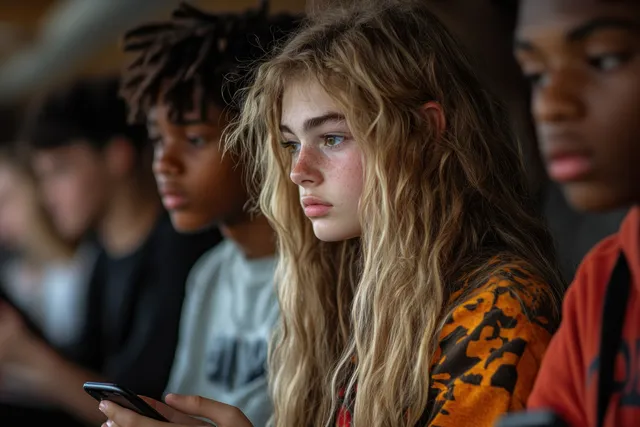 Student girl uses a smartphone during classroom break, soft natural light and shallow focus