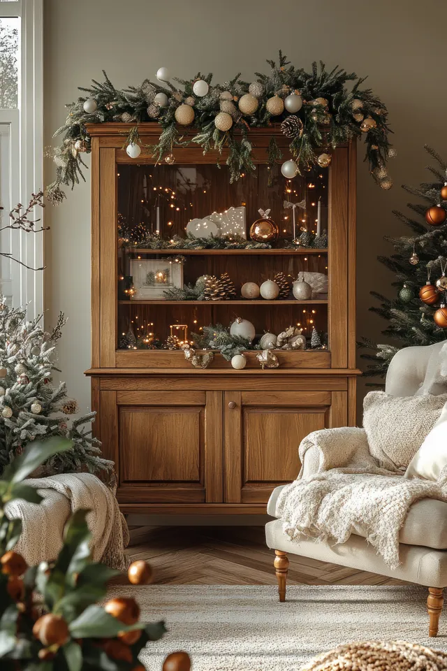 A warmly lit living room Christmas display shows a wooden cabinet with shelves, a glowing penguin light, and golden decorated trees.