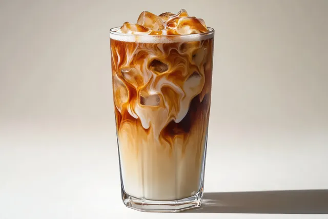 Tall iced coffee in a clear glass with ice cubes and a marbled cream swirl on a neutral background.