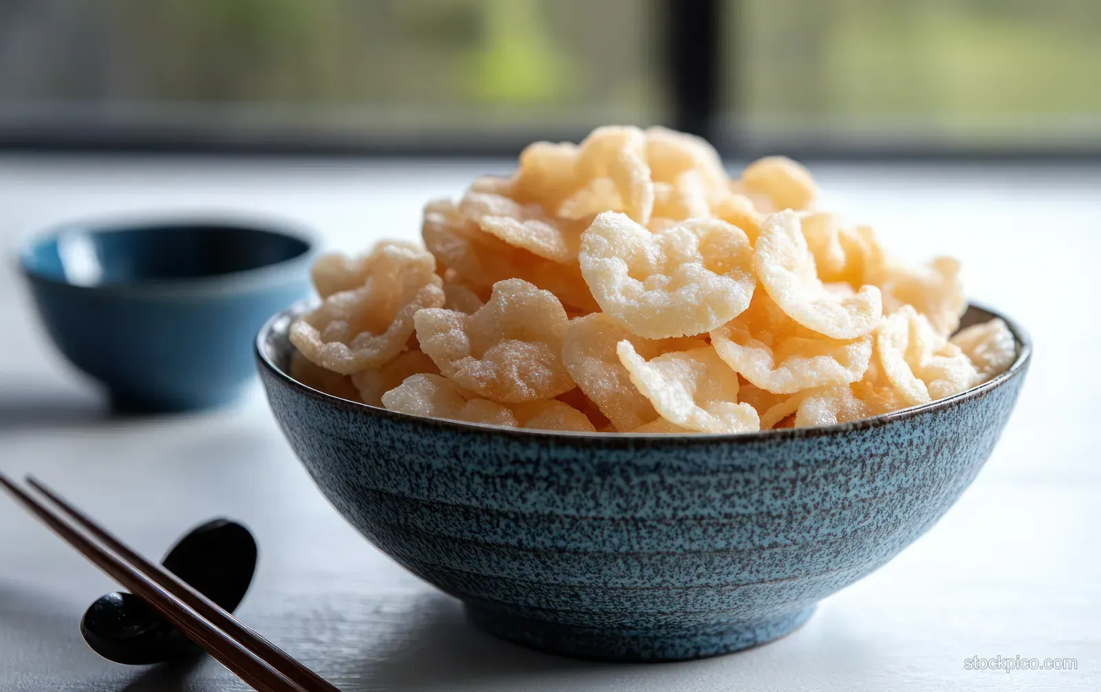 Crispy shrimp chips in a blue ceramic bowl with chopsticks and a small soy sauce dish on a white surface.