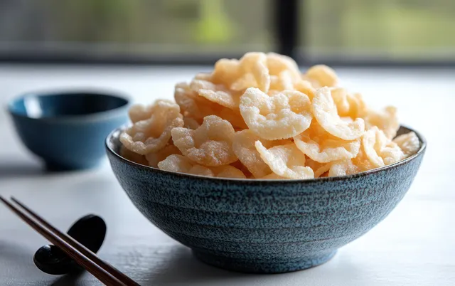 Crispy shrimp chips in a blue ceramic bowl with chopsticks and a small soy sauce dish on a white surface.
