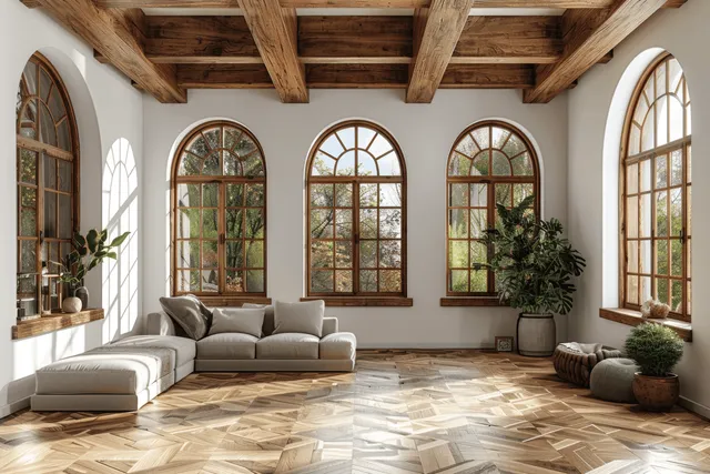 Sunlit rustic living room with arched windows, wooden beams, and layered beige sofas with Lighting And Atmosphere