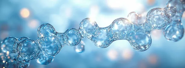 Connected transparent blue spheres form a molecular chain with glowing bubbles inside on a soft light blue background.