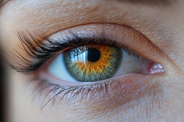 Macro close-up of a human eye showing blue and amber iris patterns, eyelashes, and detailed skin texture.