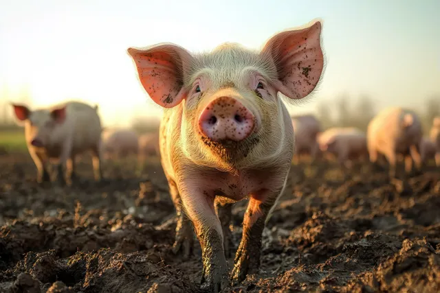 A young piglet walks on muddy farm soil with other piglets blurred in warm golden-hour light.