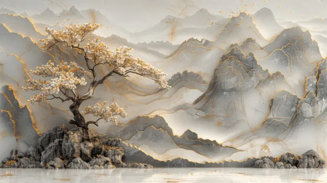 White flowering tree with golden blossoms over misty Chinese mountains and a waterfall in layered stone landscape.