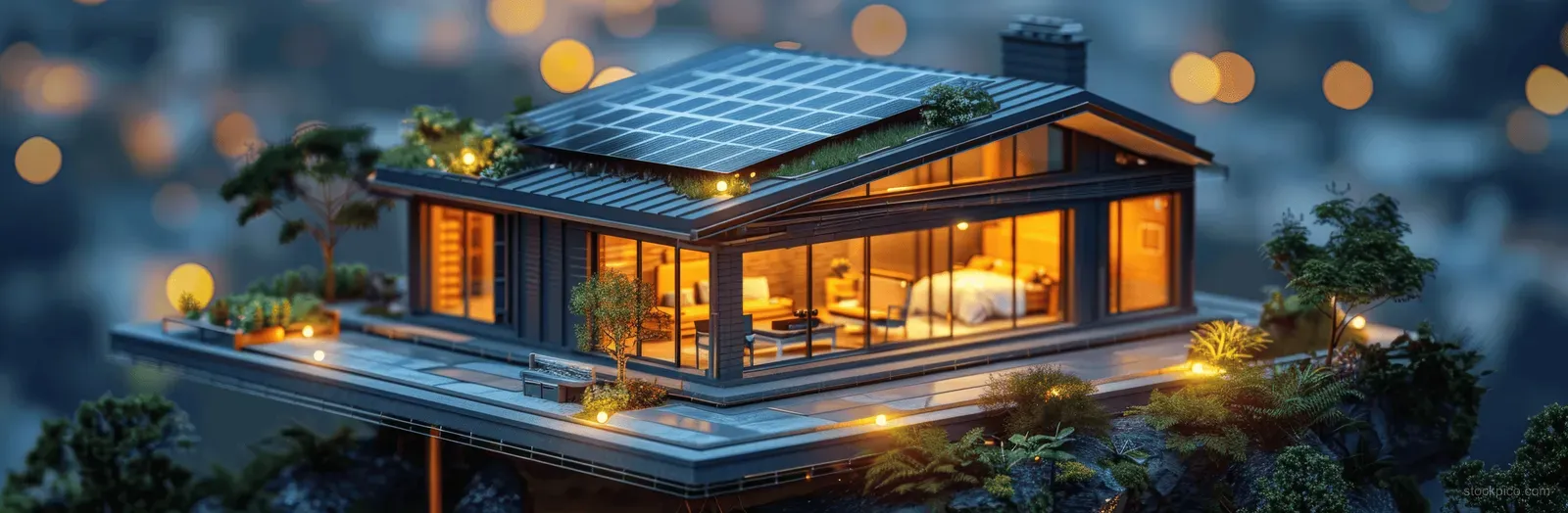 A smart house at dusk shows solar roof panels and glowing battery storage units for clean energy backup.
