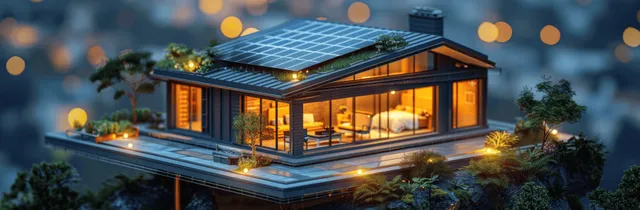 Smart house at dusk with solar roof panels and glowing energy battery storage units