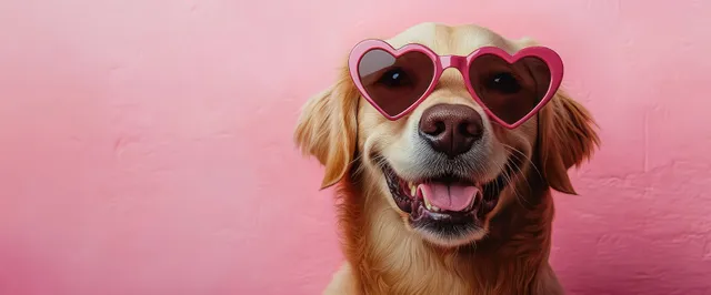 Happy golden retriever wearing pink heart sunglasses smiling against a pink backdrop
