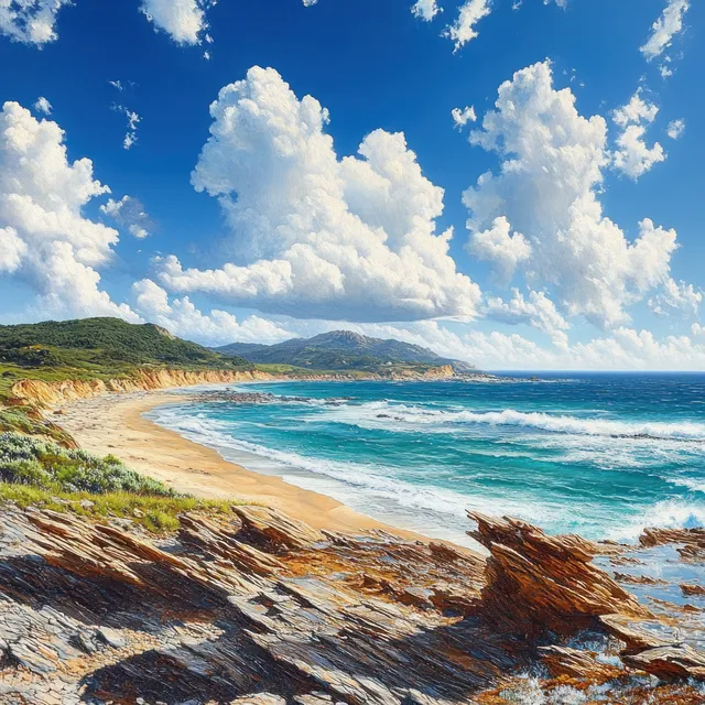 Sunny coastal landscape with sandy beach, jagged rocks, and blue ocean waves beneath clouds